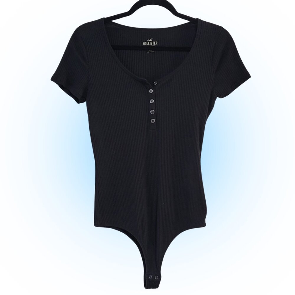 HOLLISTER BLACK RIBBED SCOOP NECK COTTON BLEND BODYSUIT EUC Y2K M